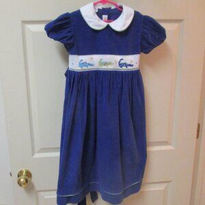 Girls Royal Blue Corduroy Smocked Dress Size 6x  Alligators in smocking